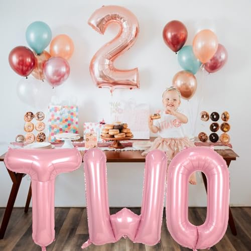Image of 40 Inch Pastel Pink TWO Letter Balloons, Light Pink TWO Balloon Letters with Ribbon, Pearl Pink Alphabet TWO Balloon for Kid Girls 2 Year Old Birthday Second 2nd Anniversary Party Decorations