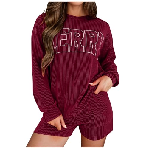 Pyjama de Noël femme en velours côtelé bordeaux avec haut imprimé et short confortable