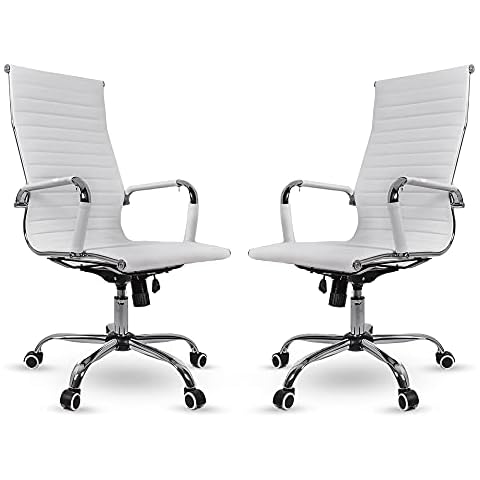US Office Elements High Back Ribbed PU Leather Executive Task Office Chairs -Modern Conference Room Desk Chairs with Arms and Wheels – Set of 2(White) Cover