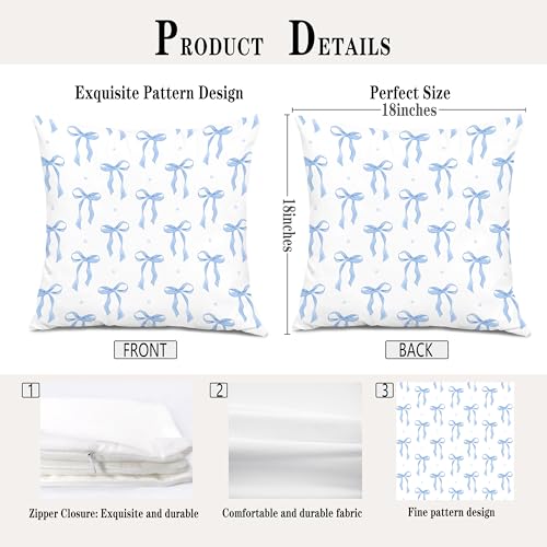 XUNLURY Coquette Blue Bow Pillow Covers 18x18, Coquette Girly Room Decor, Preppy Blue Striped Aesthetic Ribbon Bow Decorative Throw Pillow Covers for Girls Bedroom Dorm Apartment Home — view 2