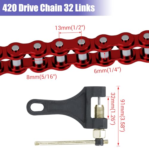 Image of Red KT196 Drive Chain 32 Links 420 Chain Replacement for Coleman KT196 CK196 Go Kart Parts Hisun HS200GK RTK200 196cc 6.5hp Engine Powersports Off Road Go Cart Accessories Parts
