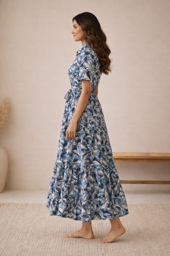 Image of Bollyclues Women's Crepe Fabric Printed Maxi Dress for Women| Lightweight, Breathable & Flowy | Short Sleeve Button-Down Casual Dress with Waist Tie | Stylish Summer & Vacation Wear