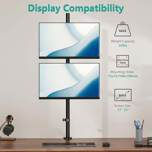 Image of WALI Stacked Monitor Mount, Dual Monitor Stand Vertical for 2 Computer Screens Max 27'', Vertical Monitor Mount for Desk Holds up to 22lbs with Mounting Holes 75 /100mm (M12XXL), Black