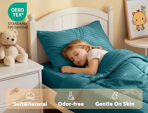 Image of ZPECC Toddler Bedding Set - 4 Piece Hypoallergenic Baby Crib Bedding Set for Boys and Girls, Includes Toddler Comforter, Flat Sheet, Fitted Sheet and Pillowcase, Teal