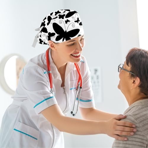 Image of Colored Butterflies Scrub Caps Women Ponytail, Adjustable Bouffant Surgical Caps with Button, Nurse Hats Long Hair