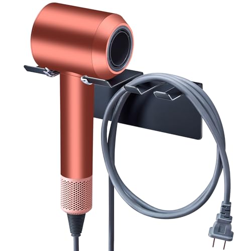 YYBO Support Seche Cheveux, Porte Sèche Cheveux Mural sans Percage, Accroche Seche Cheveux Noir en Acier Inoxydable, Support Mural pour Sèche Cheveux Adhésif pour Salle de Bain, Salon de Coiffure