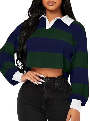 LovelyWholesale Rugby Shirt Women Striped Cropped Sweatshirts Polo Collar Long Sleeve Crop Tops Green Dark Blue Large