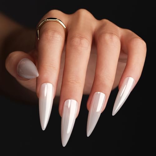 White Press on Nails Long Stiletto Fake Nails Solid Color Glossy Full Cover Stick on Nails Acrylic False Nail for Women Daily Manicure 24Pcs