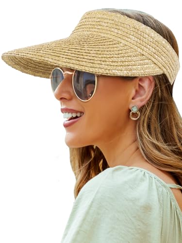 Visor Hats for Women,Beach Hats UPF50+ Sun Visors Straw Hats for Women,Hand Wowen Packable Sun Protection Hats Beige