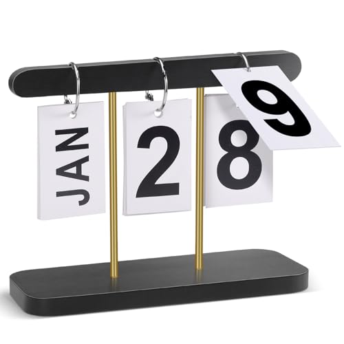 Calendrier perpétuel à rabat en bois et métal, réutilisable, compte à rebours pour bureau, maison, salle de classe (noir)