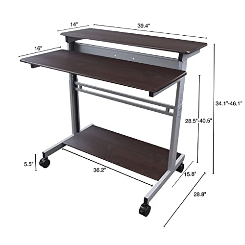 Stand Up Desk Store Rolling Adjustable Height Two Tier Standing Desk Computer Workstation (Silver Frame/Dark Walnut Top, 40" Wide) #TOP3