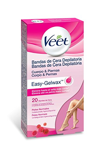Veet Bandas de Cera Fria Depilatoria para Depilación de Cuerpo y Piernas con Manteca de Karité y Bayas de Açaí, Easy Gelwax, Pieles Normales, 20 Bandas