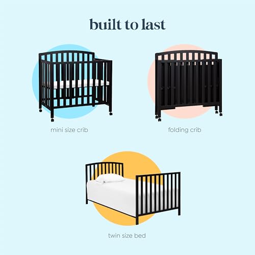DaVinci Dylan 3-in-1 Convertible Portable Mini Crib, Ebony | GREENGUARD Gold Certified - Folding Baby Crib With Wheels, 4 Adjustable Mattress Heights, Conversion Kit Sold Separately - image 5