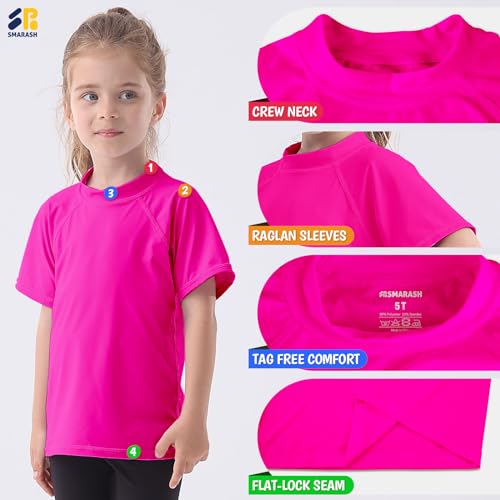 Girls Rash Guard Swim Shirt Short Sleeve for Toddler Kids Youth Rashguard Water Tee UPF50+ Swimming Fishing Sun SPF Shirt Neon Pink Size 6