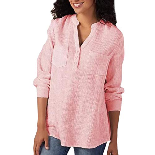 iQKA Button Up Shirts for Women Casual V-Neck Cotton Linen Long Sleeve Plus Size Blouses T Shirt Loose Fit Lightweight Tops (L, Pink)