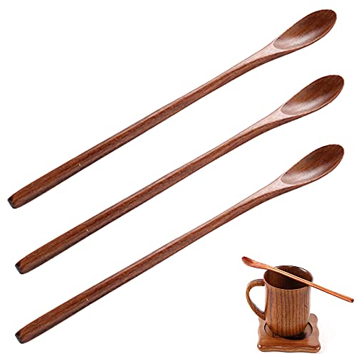 3 PCS Wooden Spoon Japanese Style Long Handle Spoon Handmade Coffee Spoon Stirring Spoon for Kitchen Mixing Cooking Drinking Milk Coffee Soup Desserts Tea
