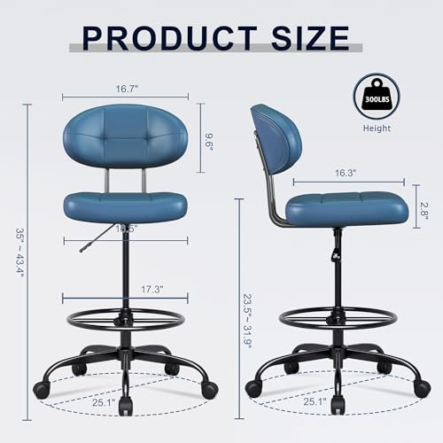 Image of Misolant Drafting Chair Without Arms, Tall Office Chair with Footrest Ring for Standing Desk, Small Faux Leather Executive Chair with Adjustable Height for Bar Lab Counter Height Desk, Navy Blue