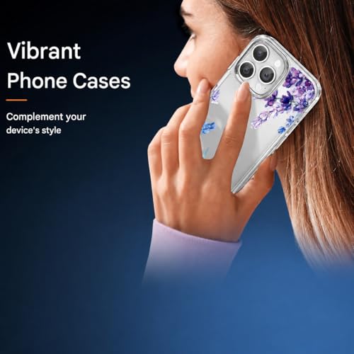 Image of Elzzi Clear Floral Case for iPhone 14 Pro Max, Lavender Flower Clear Phone Case for Women Girls, Cute Aesthetic Purple Botanical Transparent Shockproof Protective Slim Cover (Deep with Leaf)
