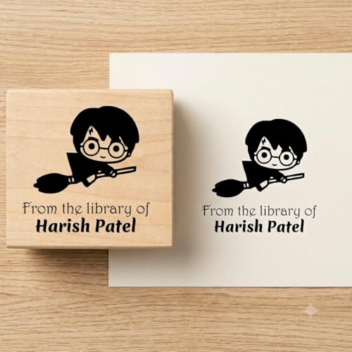 Image of Kunya Personalised Book Stamp with Your Name(3.5 cm Dia), customised for Stamping Books for Readers, Great Gift for booklovers, Kids, Teachers (Flying HP)