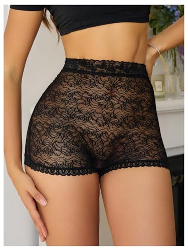 WDIRARA Women's Plus Size Sheer Lace Boyshorts Underwear Sexy High Waisted Boxer Briefs Panties3