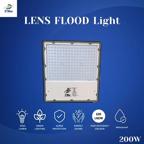 Image of D'Mak 200W Lens Led Flood Light - Ip65 Waterproof Led Lights with 120 Wide Beam-Led Lamp Lights for Yard,Showroom,Shop, Factory,Garden, Playground & Home(Cool White,6500k)- Pack of 5
