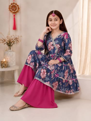 Image of Preneum Girl's Cotton Rayon Floral Printed Angrakha Kurta with Sharara & Dupatta