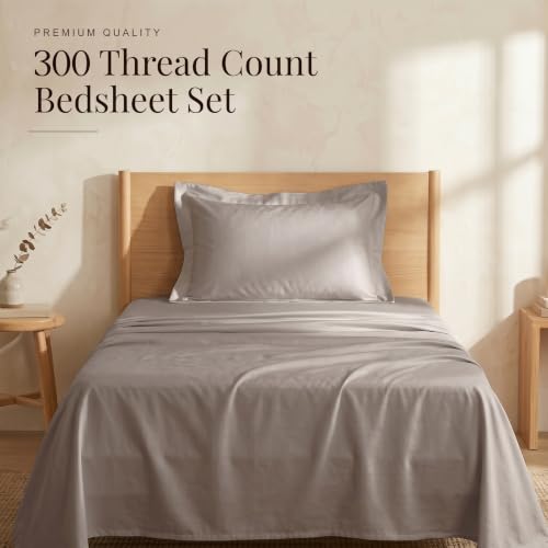 Image of Huesland Premium Pure Cotton Sateen Weave 300 Thread Count Bedsheet for Single Bed with 2 Pillow Covers | Perfect Greige | 88 x 55 inches