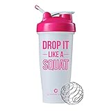 Drop it Like a Squat Blender Bottle, 28oz Shaker Cup with Funny Quote (White/Pink New)