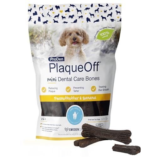 ProDen PlaqueOff 20 Mini Huesos Dentales Sabor Crema Cacahuete y Plátano para Perros Pequeños – Limpiador Sarro Dental, Placa y Mal Aliento – Huesos para Perros Pequeños Snacks para Perros