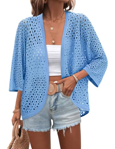 Image of Zeagoo Womens Summer Crochet Cardigan Sweaters Lightweight Open Front 3 /4 Sleeve Batwing Kimono Boho Knit Cover Ups 2026 Teal