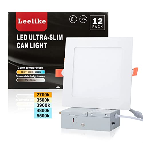 Leelike 12 Pack 6 inch 12W Dimmable Square LED Can Light Retrofit with Junction Box, 960lm/CRI85 Ultra Thin LED Downlight 5CCT 2700K-5500K Adjustable with a Simple Switch IC Rated,ETL Certified