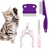 【Paquete incluido】 1 peine antipulgas grande y 1 peine antipulgas pequeño y corto, 1 cortaúñas para mascotas y 1 lima de uñas para mascotas, un total de 4 piezas. El color es morado y hay 2 peines diferentes disponibles para su comodidad.
