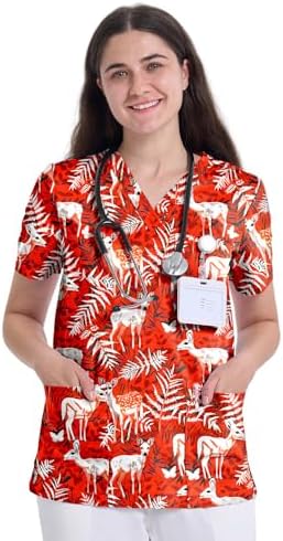 Printed Scrub Tops for Women, V-Neck Nurse Shirt, 3 Pockets | Sof...