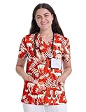 YEZEX Scrub Tops for Women, V Neck Printed Scrub Tops, Medical Nursing Stretchy Shirts w/ 3 Pockets (Christmas Elk)