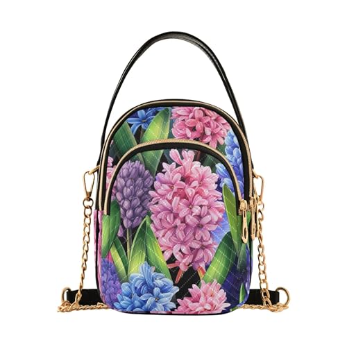 Watercolor Flowers Pink Floral Leaves Women over Shoulder Purse Quilted Phone Handbag Small Chain Purse Cute Zipper Crossbody Bowler Bag