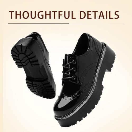Image of Womens Oxford Shoes Black Leather Platform Oxford Shoes for Women Brogue