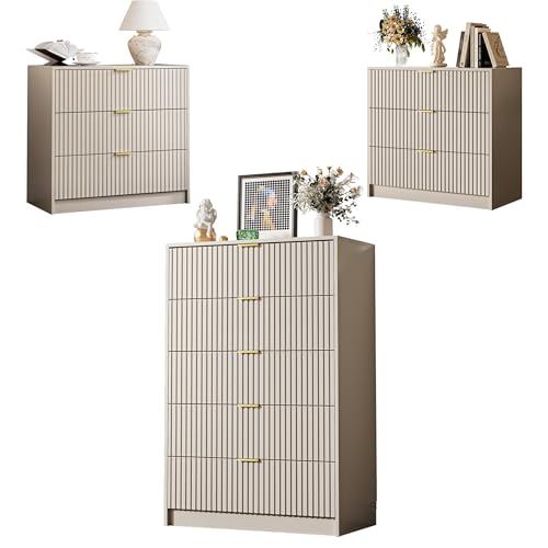 MAISONARIA 3-Piece Dresser Bedroom Set, 5 Drawer Dresser & 3 Drawer Nightstands with Gold Handles, Fluted Wood Chest of Drawers for Bedroom, Living Room, Entryway, Beige