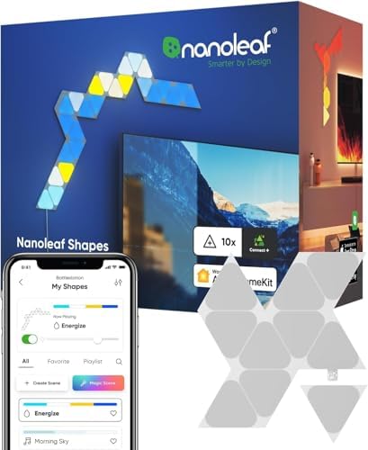 Nanoleaf Shapes スマートライトパネル ナノリーフ ミニトライアングル 拡張パック 10点セット 追加パネル 音楽連動 リズムモジュール内蔵 WiFi直結 1680万色 RGBCW Alexa Google Home対応 ゲーム 光る壁飾り インテリア照明 雰囲気灯