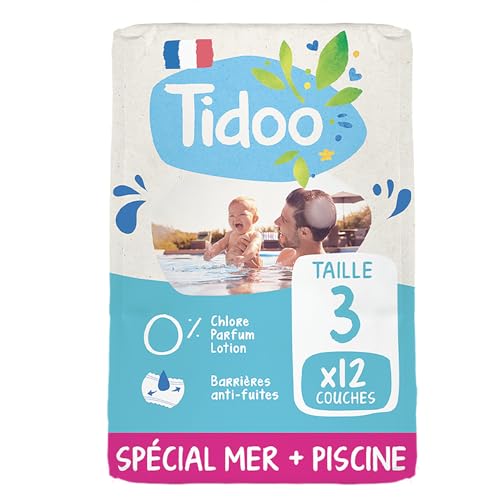 TIDOO Swim & Play - Couches de bain T3 (4-9kg) x12 - Anti-Fuites - Facile à enfiler - Ne gonfle pas dans l’eau - Fabriquée en France