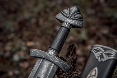 Wazir Crafts 37" Handmade Damascus Steel Real Viking Style Sword | Full Tang Blade with Wooden Handle and Scabbard | Collectible Medieval Replica for him (WCS-04) (Black)