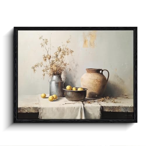 Farmhouse Still Life Wall Art, lemons pottery vignette, rustic wall decor, laminated framed canvas print, kitchen poster, for farmhouse housewarming gift, 15x12 inch