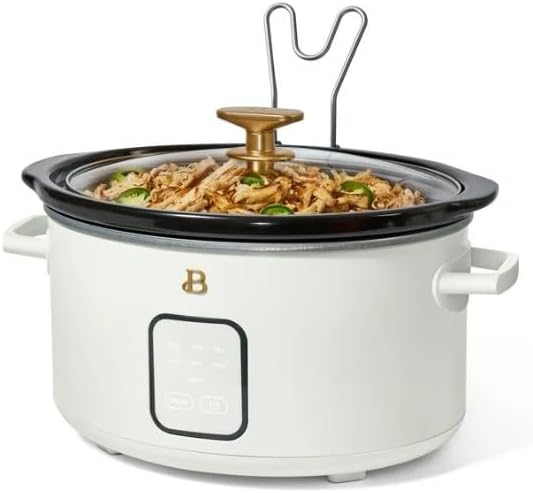 Beautiful by Drew Barrymore 4~Quart Programmable Slow Cooker with Touch Display, Removable Stoneware Pot, 4 Cooking Presets, Auto Warm, Lid Holder, Cool-Touch Handles, Dishwasher Safe ~ (White Icing).