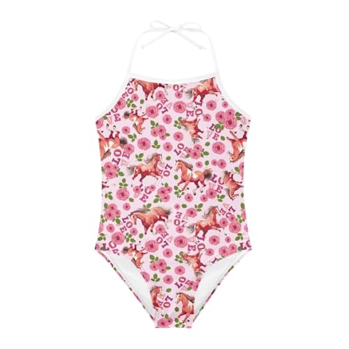 Image of Cumagical Horse Flower Print One Piece Swimsuit for Girls Thin Straps Hawaiian Bathing Suit Spring Summer Beach Swimwear