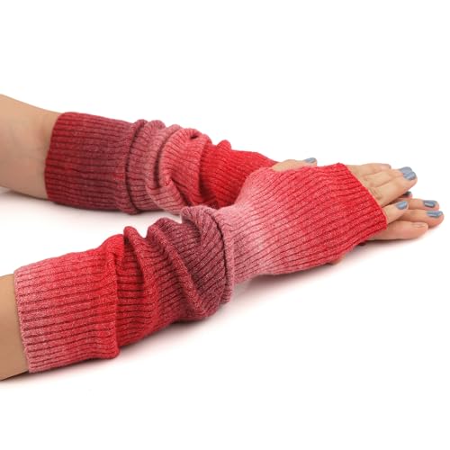 F Flammi Cashmere Blended Arm Warmer for Women Winter Fingerless Gloves Knit Mitten Gloves Wrist Warmer with Thumb Hole, Tie Dye-red,42cm, M