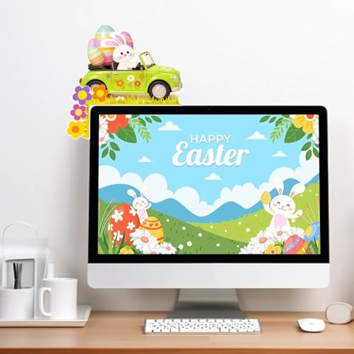 KASESSS Türrahmen Deko Ostern, Lustige Osterdeko Tür, Osterdekoration Holz, Kaninchen Fährt Auto mit Ostereiern Türdeko mit Rundaufkleber für Tür, Fenster, Kamin Festival Ornament Home Decor