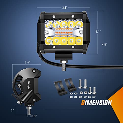 image for Nilight 2PCS 4Inch 60W LED Pods Spot Flood Amber White Light Bar Strob