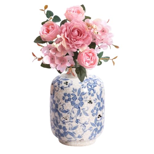 Jarrones Chinos Porcelana Blanco y Azul, Jarrones Decorativos Pequeños de Cerámica, Jarrón Flores Vintage Hecho a Mano con Grieta Esmalte para Decoración del Hogar, Oficina 12.5 x 18.5 cm (S)