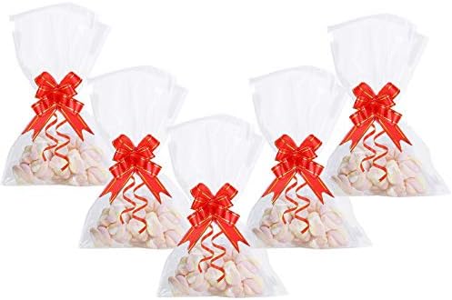 AUERVO 50Pcs Clear Cellophane Treat Bags 25X16cm Clear Resealable Flat Cello Bags Sweet Party Gift Bags OPP Plastic Bag with 50Pcs Red Pull Bows for Candy, Food,Soap, Cookie, Valentine Chocolates