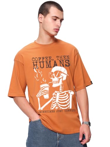 T-shirt surdimensionné homme à motif Bewakoof caramel M avec coupe large anti-transpiration