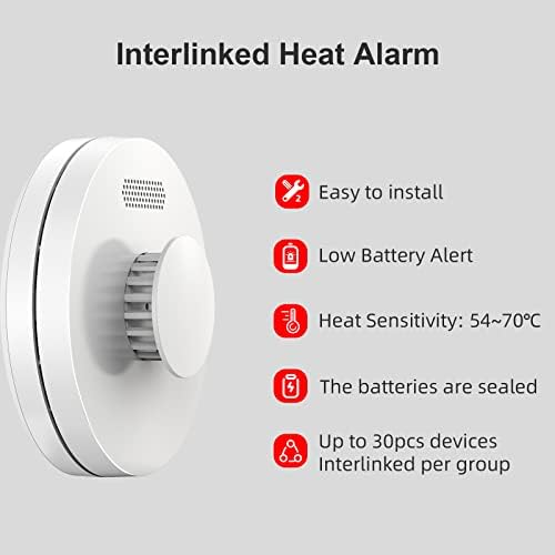 Wireless Interlinked Heat Alarm with 10 Years Battery Life, BS 5446 CE Certified, Linked Heat Detector, Battery Powered, Low-Battery Alert and LED Warning. 1 Pack
